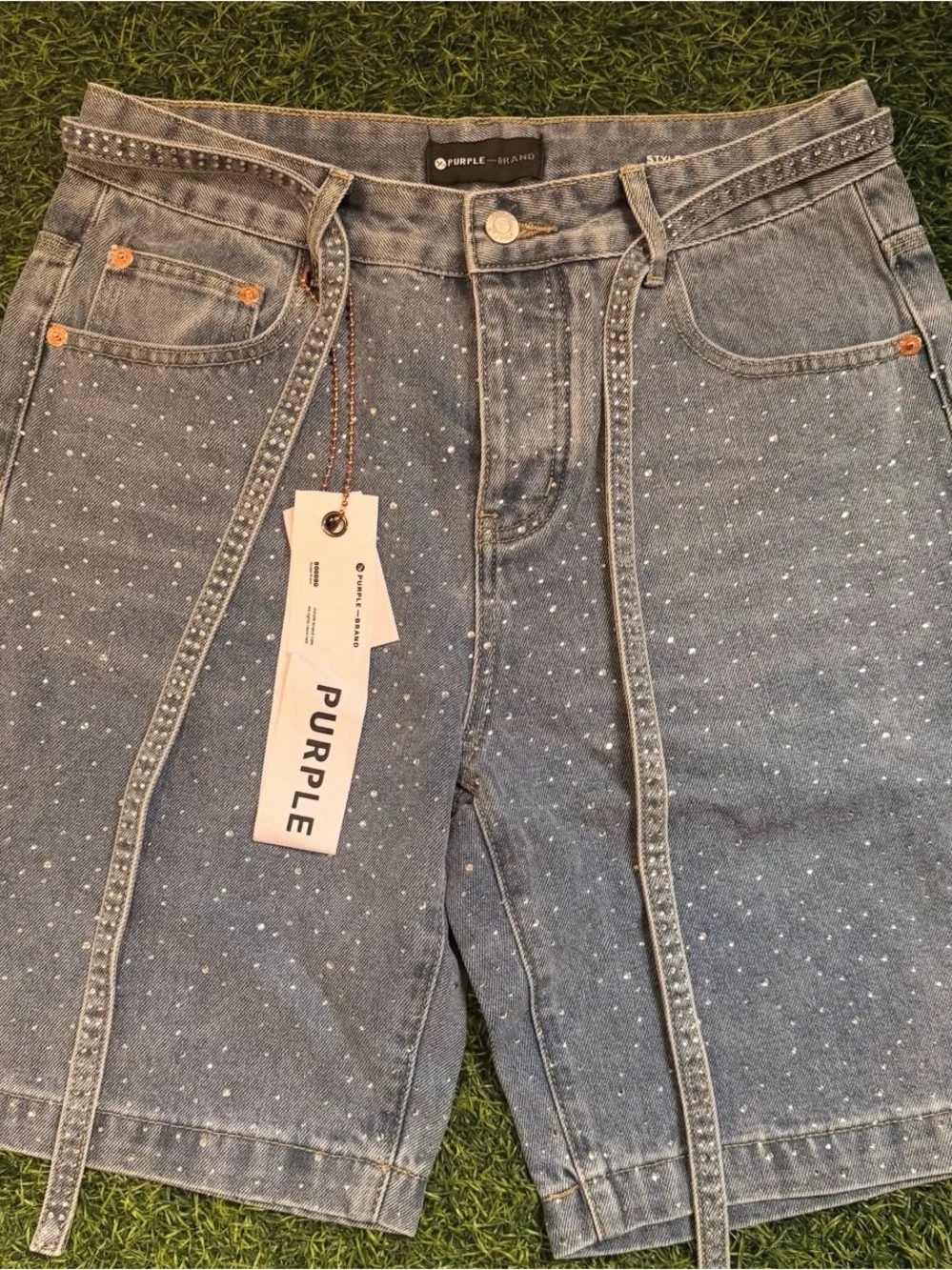 Purple Brand Men’s Light Blue Studded Denim Shorts (Size 30)